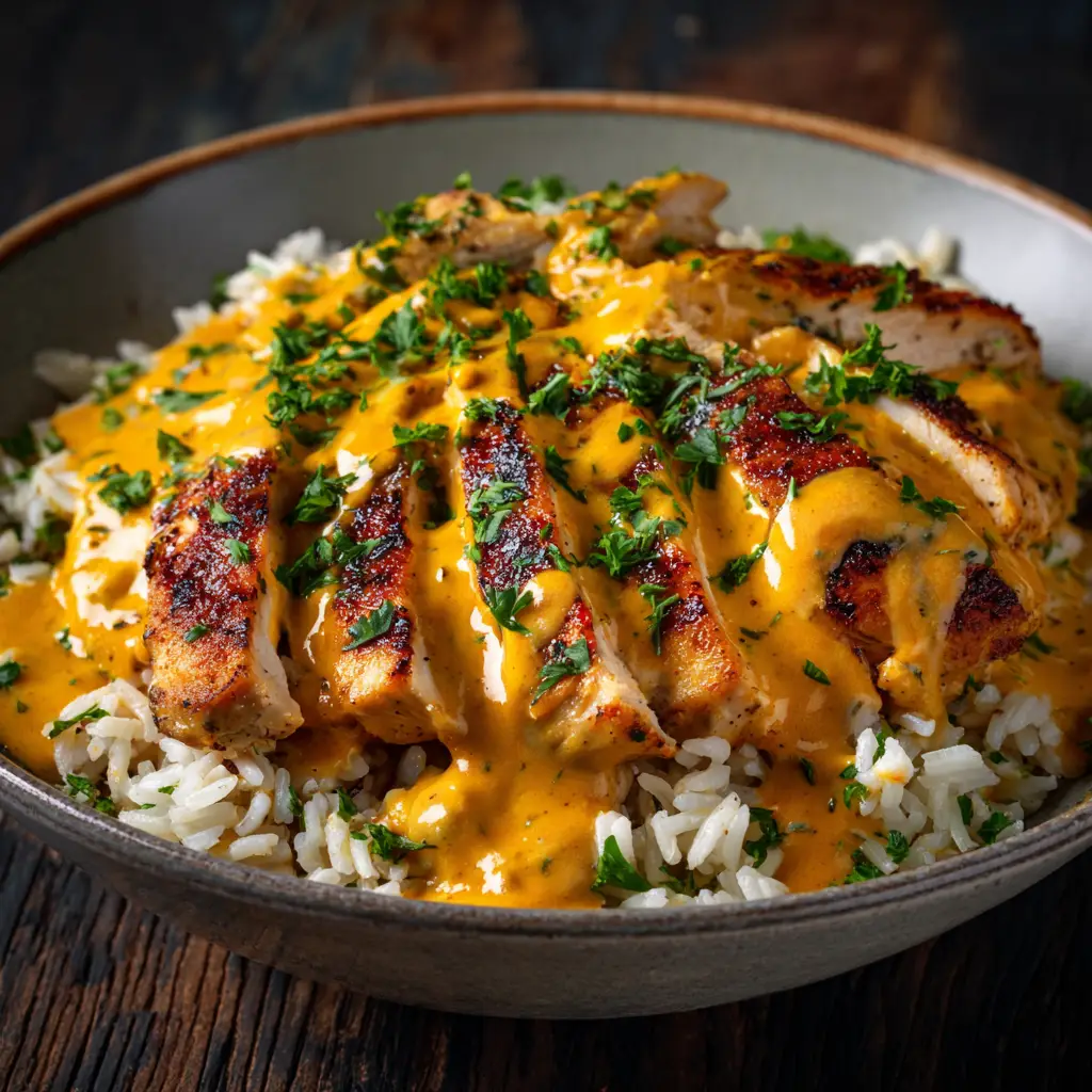 A plated serving of creamy cajun chicken next to a bed of fluffy white rice, showcasing a perfect pairing for the dish.