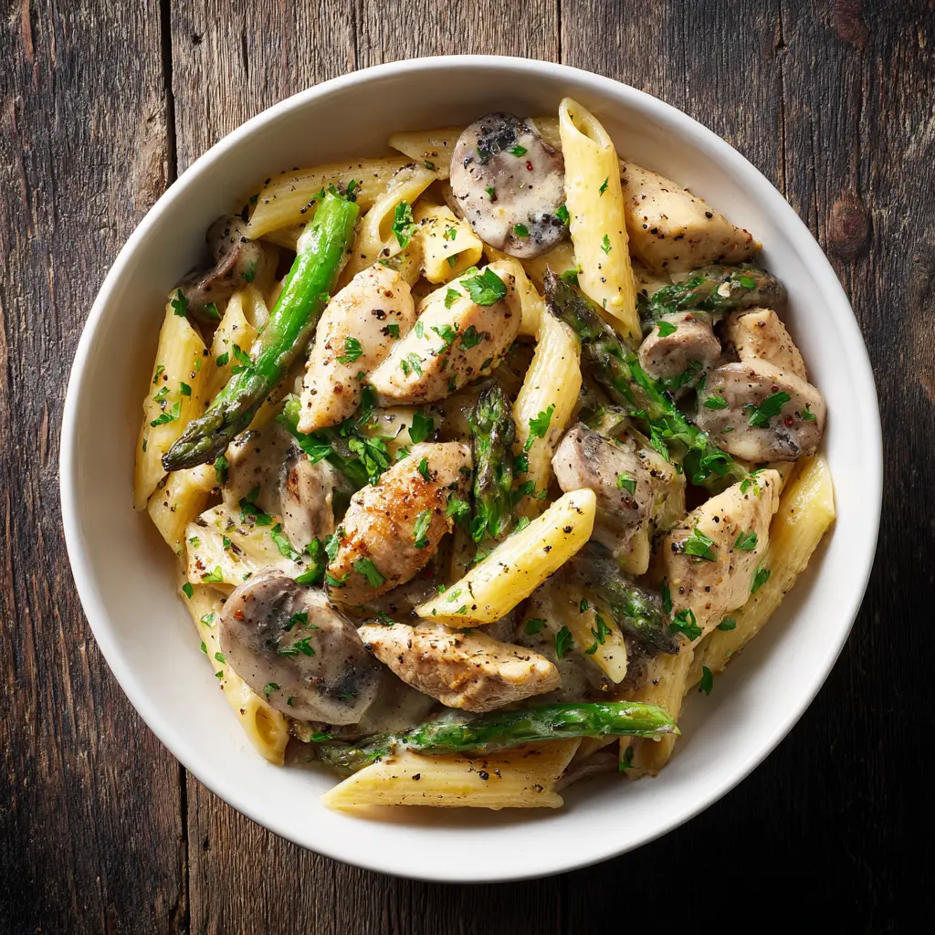 Creamy Chicken Penne (The Easiest, Most Delicious Recipe) 1 A serving of creamy chicken penne being twirled on a fork, lifted from a white bowl to showcase the creamy texture and tender pieces of chicken.