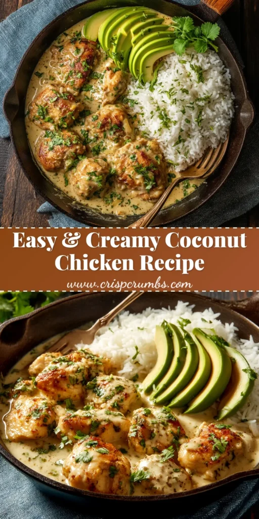 Coconut Chicken Recipe (Creamy & Easy 30-Minute Dinner) 4 A delicious and easy coconut chicken recipe served in a white bowl over rice, garnished with cilantro. The perfect 30-minute weeknight dinner idea.