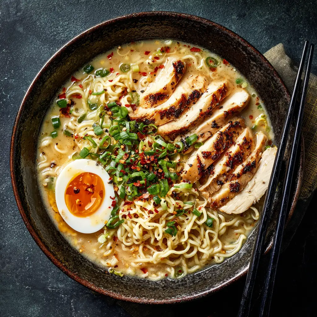 Creamy Garlic Chicken Ramen Recipe for a Quick Weeknight Win 1 A close-up shot of the savory ramen broth and noodles, with tender pieces of chicken visible. The creamy texture of the soup is highlighted.