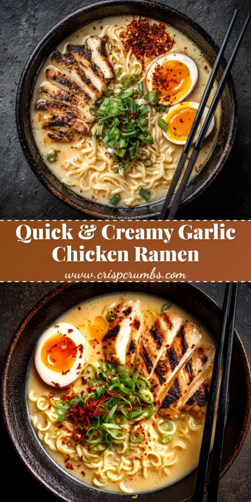 Creamy Garlic Chicken Ramen Recipe for a Quick Weeknight Win 3 A stunning pin image for Creamy Garlic Chicken Ramen. The text overlay reads 'Creamy Garlic Chicken Ramen - 30 Minute Recipe'. The image shows a close-up of the delicious ramen in a bowl.