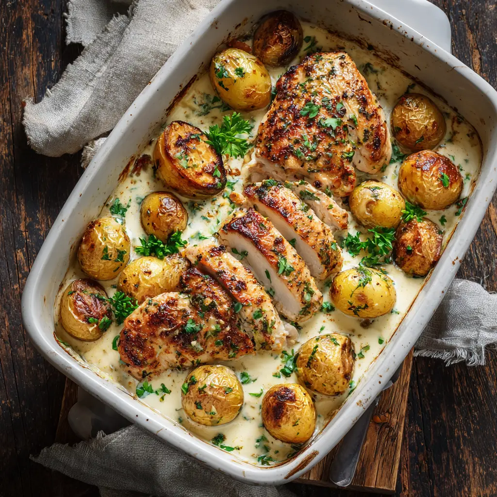 A plated serving of creamy herb chicken, showing the tender chicken breast cut open to reveal its juicy interior, served alongside roasted potatoes.