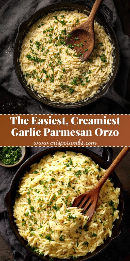 Creamy Garlic Parmesan Orzo: The Ultimate One-Pan Dinner 3 A large white bowl filled with Creamy Garlic Parmesan Orzo, garnished with fresh parsley and a sprinkle of black pepper. A silver fork rests in the bowl.