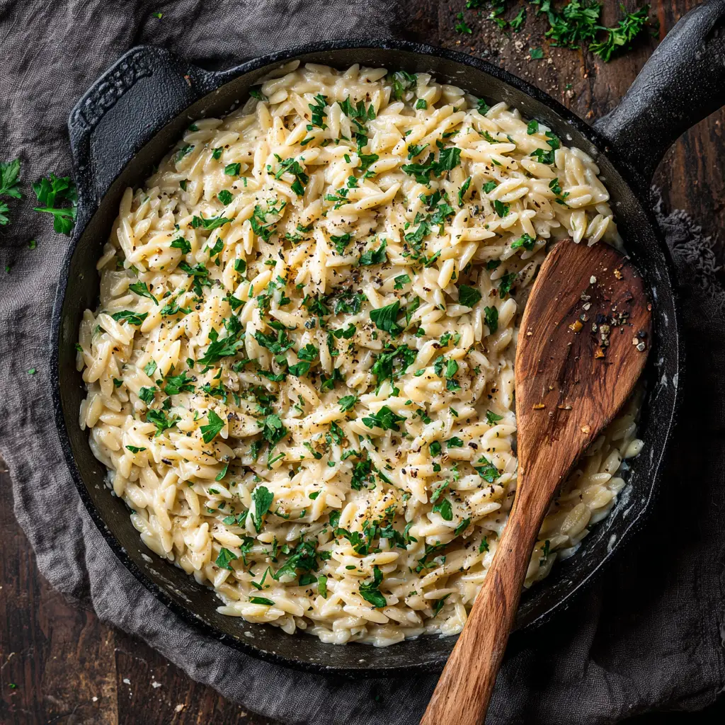 Creamy Garlic Parmesan Orzo: The Ultimate One-Pan Dinner 1 A beautiful serving of the one-pan orzo pasta in a bowl, garnished with fresh herbs and ready to eat.