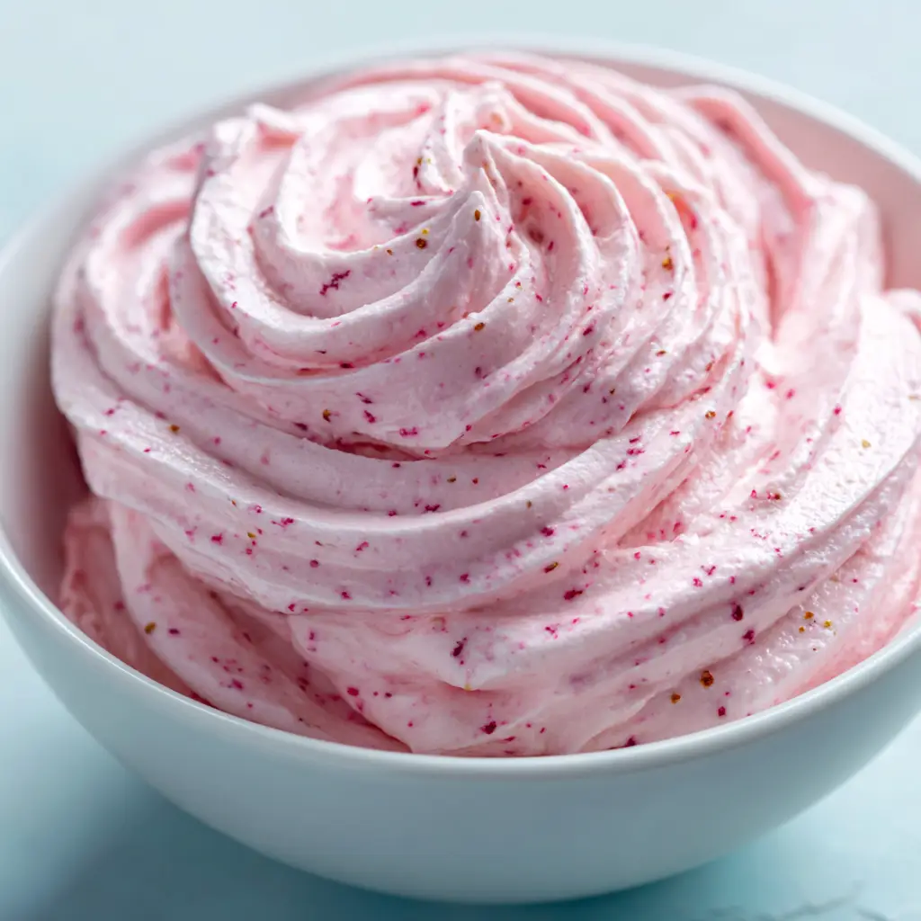 Strawberry Marshmallow Frosting (Fluffy, Fruity & Foolproof) 1 A spatula lifting a swirl of creamy strawberry marshmallow frosting from a mixing bowl.