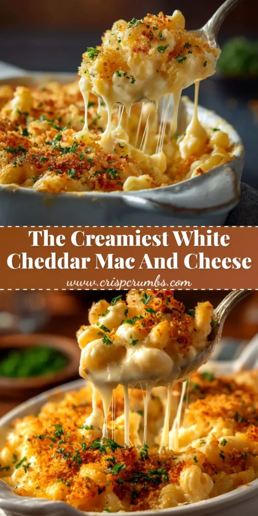 An overhead shot of creamy white cheddar mac and cheese in a white bowl, garnished with fresh parsley. The perfect recipe for homemade comfort food.