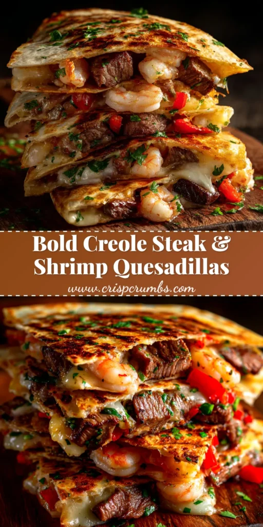 A delicious platter of Creole Steak and Shrimp Quesadillas cut into wedges, revealing a cheesy filling of steak, shrimp, and peppers. A side of sour cream is visible.