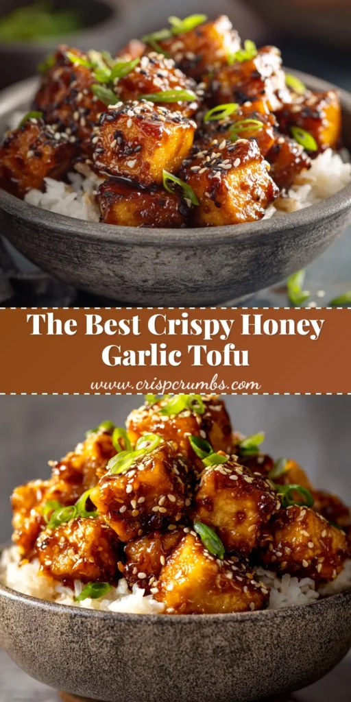 A stunning overhead shot of Crispy Honey Garlic Tofu in a white bowl, garnished with sesame seeds and green onions, ready to be pinned.
