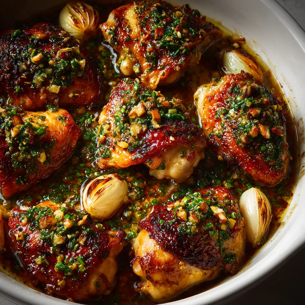 The Oven-Roasted French Garlic Chicken fresh out of the oven in a cast-iron skillet, with sizzling pan juices and a perfectly golden, crispy skin.