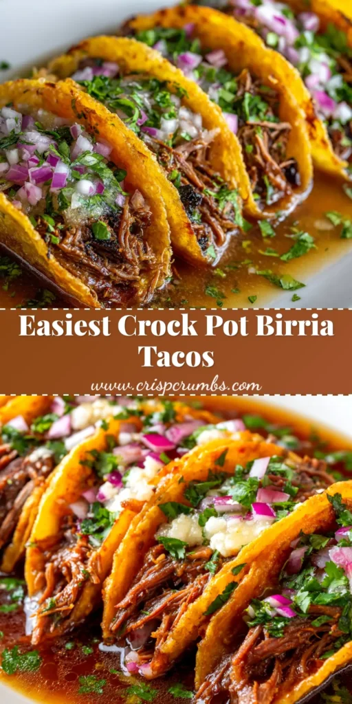 Crock Pot Birria Tacos (The Easiest, Most Flavorful Recipe!) 4 A platter of Crock Pot Birria Tacos with a bowl of rich red consommé for dipping, garnished with fresh cilantro and lime.