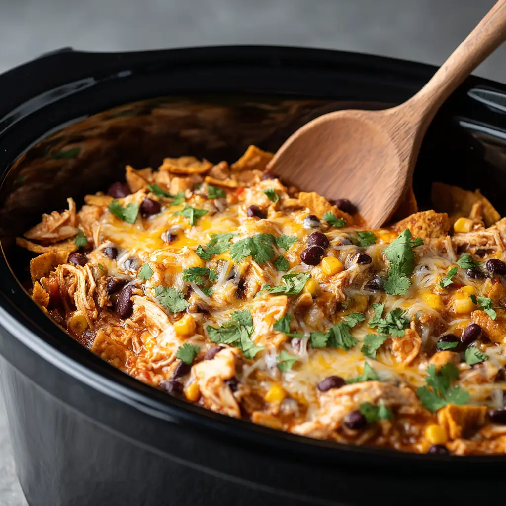 The ingredients for the Crockpot Chicken Enchilada Casserole layered in the slow cooker before cooking, showing the cheese topping.