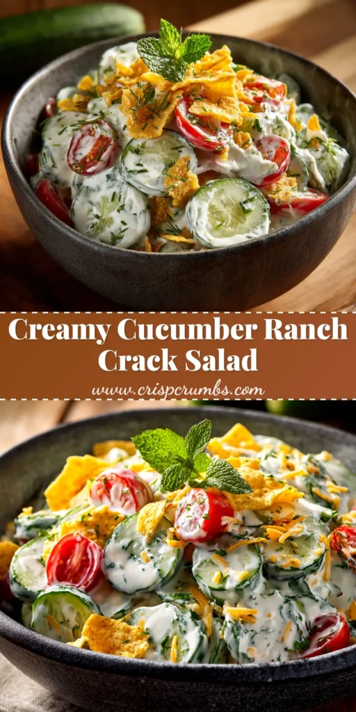 Cucumber Ranch Salad: The Creamiest, Easiest Side Dish 4 A large white bowl filled with creamy Cucumber Ranch Salad, garnished with fresh dill. The salad is a refreshing side dish perfect for summer potlucks.