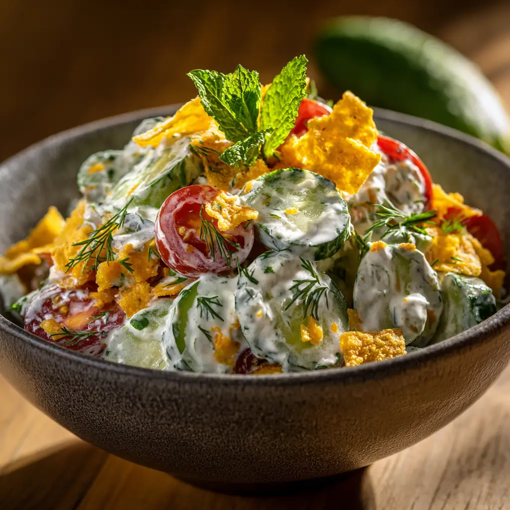Cucumber Ranch Salad: The Creamiest, Easiest Side Dish 1 A serving of the fresh cucumber ranch salad on a plate, ready to be eaten. The vibrant green of the dill and cucumber is clearly visible.