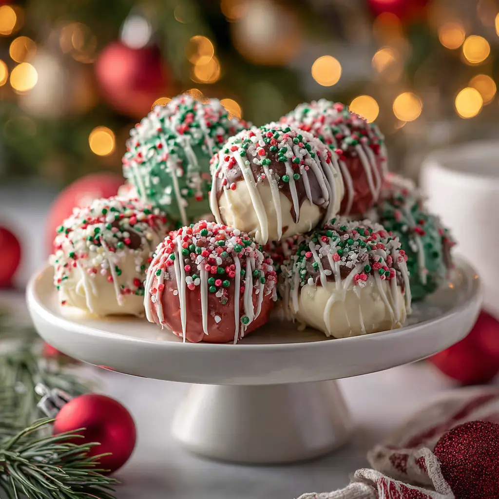 No-Bake Christmas Cheesecake Bites (Easy Holiday Treat!) 1 A finished pile of No-Bake Christmas Cheesecake Bites decorated with colorful holiday sprinkles, ready to be served at a Christmas party.