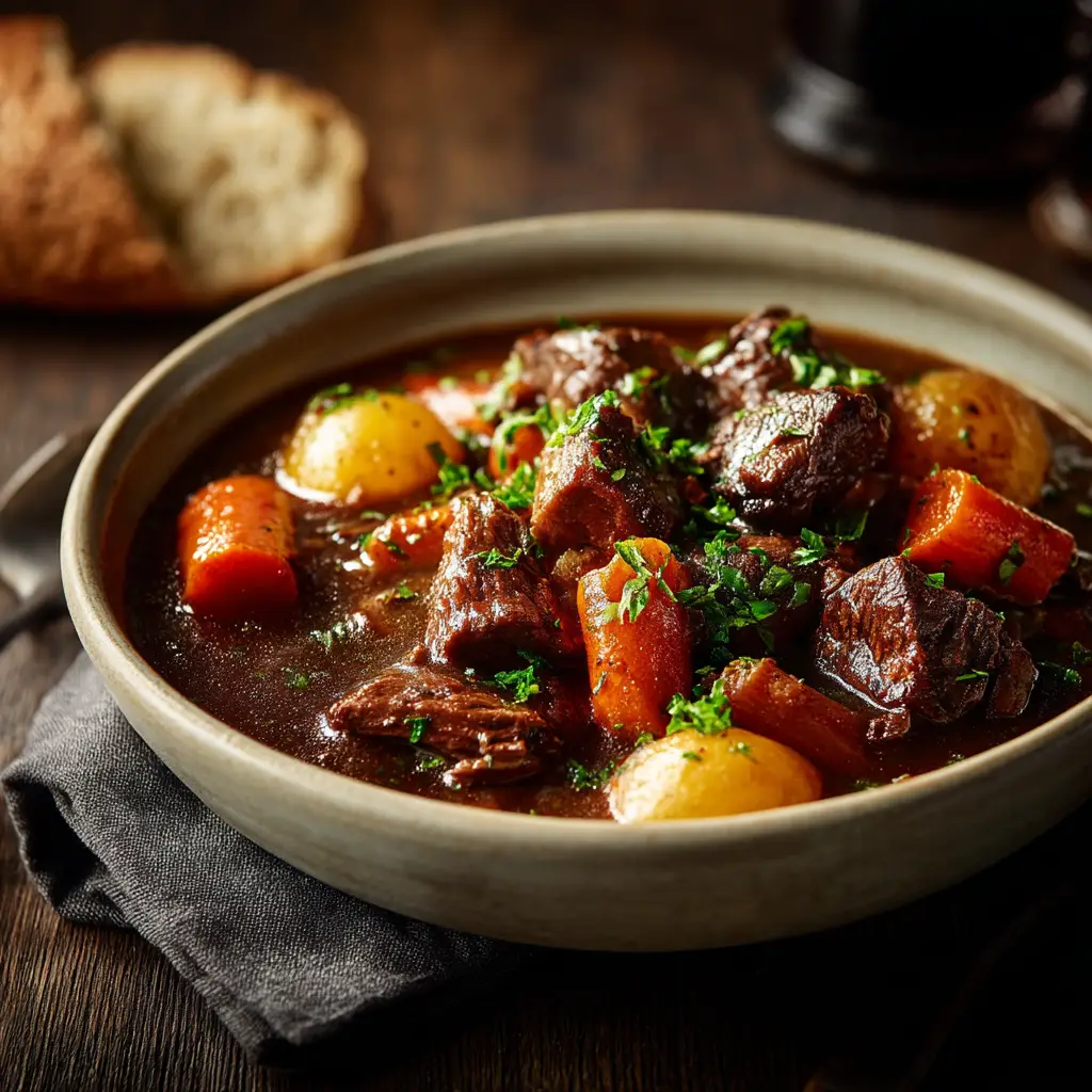 Boeuf Bourguignon: The Ultimate Recipe for Rich, Authentic Flavor 1 A Dutch oven filled with savory Boeuf Bourguignon, ready to be served. The stew is thick with beef, carrots, and mushrooms.