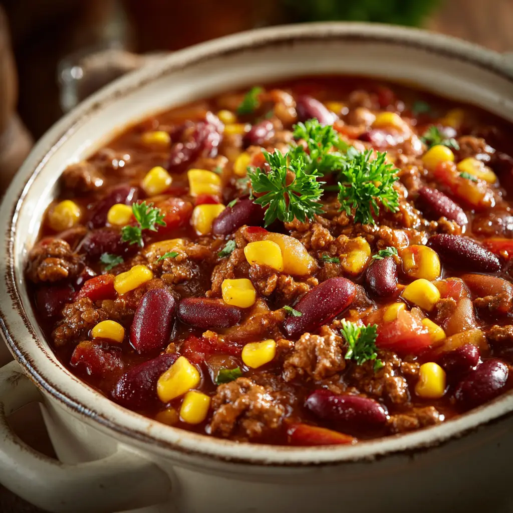 Slow Cooker Cowboy Beans: The Ultimate Hearty Recipe 1 A spoonful of loaded chuckwagon beans being lifted from a slow cooker, showing the mix of beans and savory ground beef.