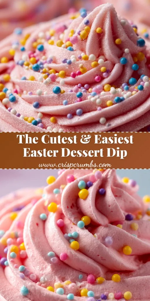 A bowl of creamy, pastel-colored Easter Dessert Dip topped with sprinkles, surrounded by various dippers like cookies and fruit. The perfect easy no-bake recipe for spring.