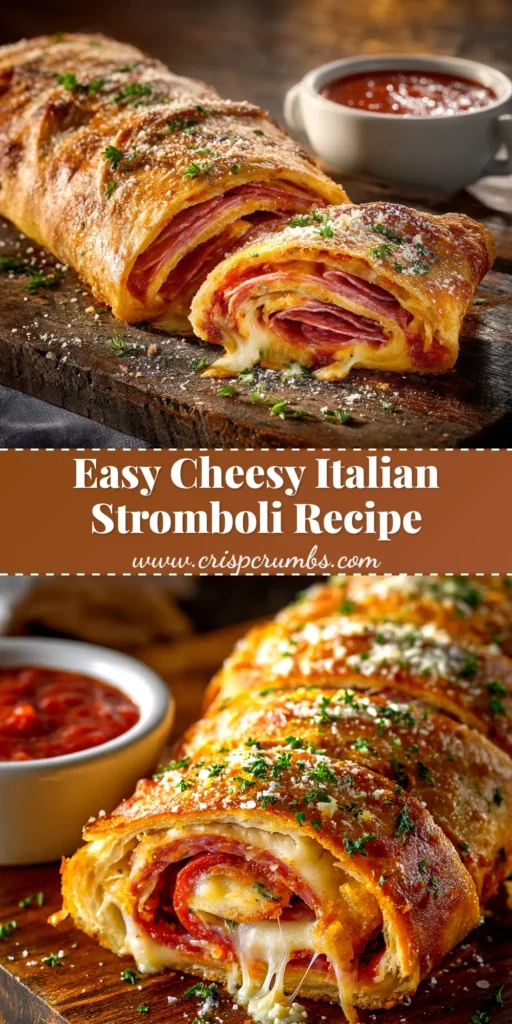 A beautiful golden-brown Easy Italian Stromboli Recipe, sliced to show the layers of pepperoni, cheese, and salami inside, with a bowl of marinara sauce nearby.