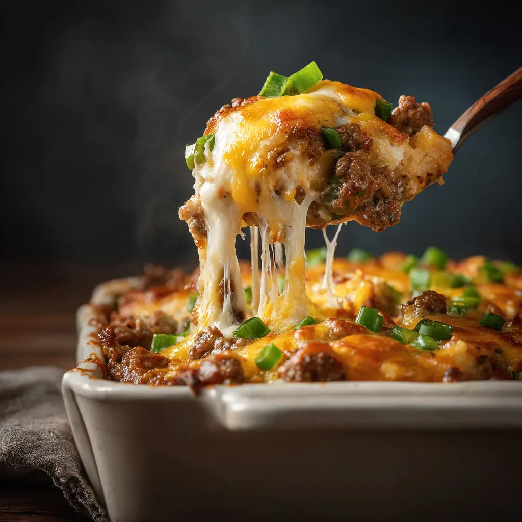 Low Carb Philly Cheesesteak Casserole (The BEST Keto Recipe!) 1 Another perspective of a scoop of the easy Philly cheesesteak bake, emphasizing the gooey, melted provolone cheese stretching from the spoon.