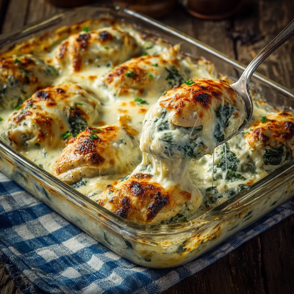 The Spinach Artichoke Chicken Bake casserole in a baking dish just out of the oven, with cheese bubbling on top.