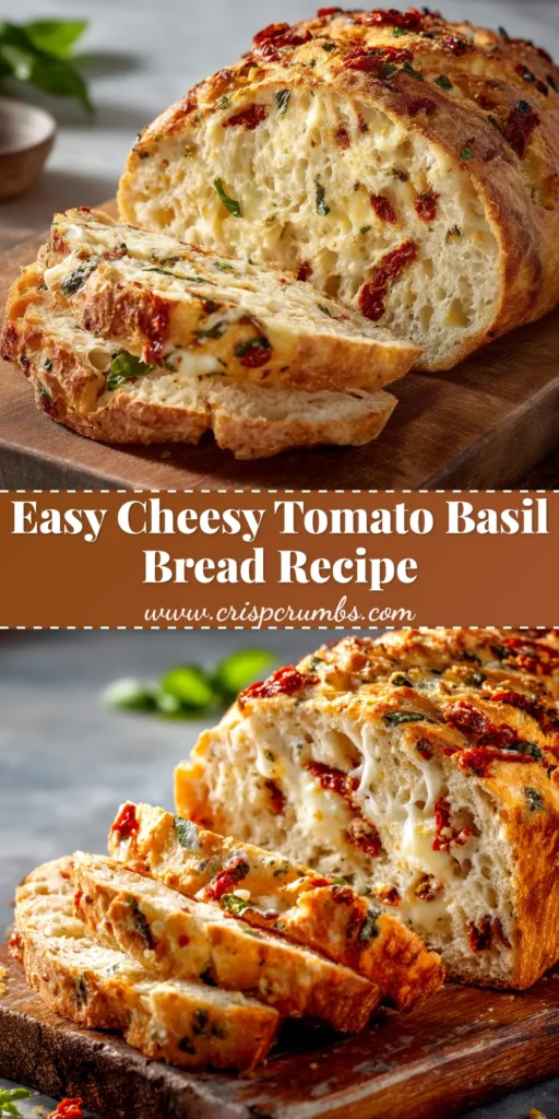 Tomato Basil Bread (Easy Artisan Recipe) 4 A beautiful golden-brown loaf of homemade Tomato Basil Bread, with one slice cut to show the soft interior studded with red tomato and green basil pieces.