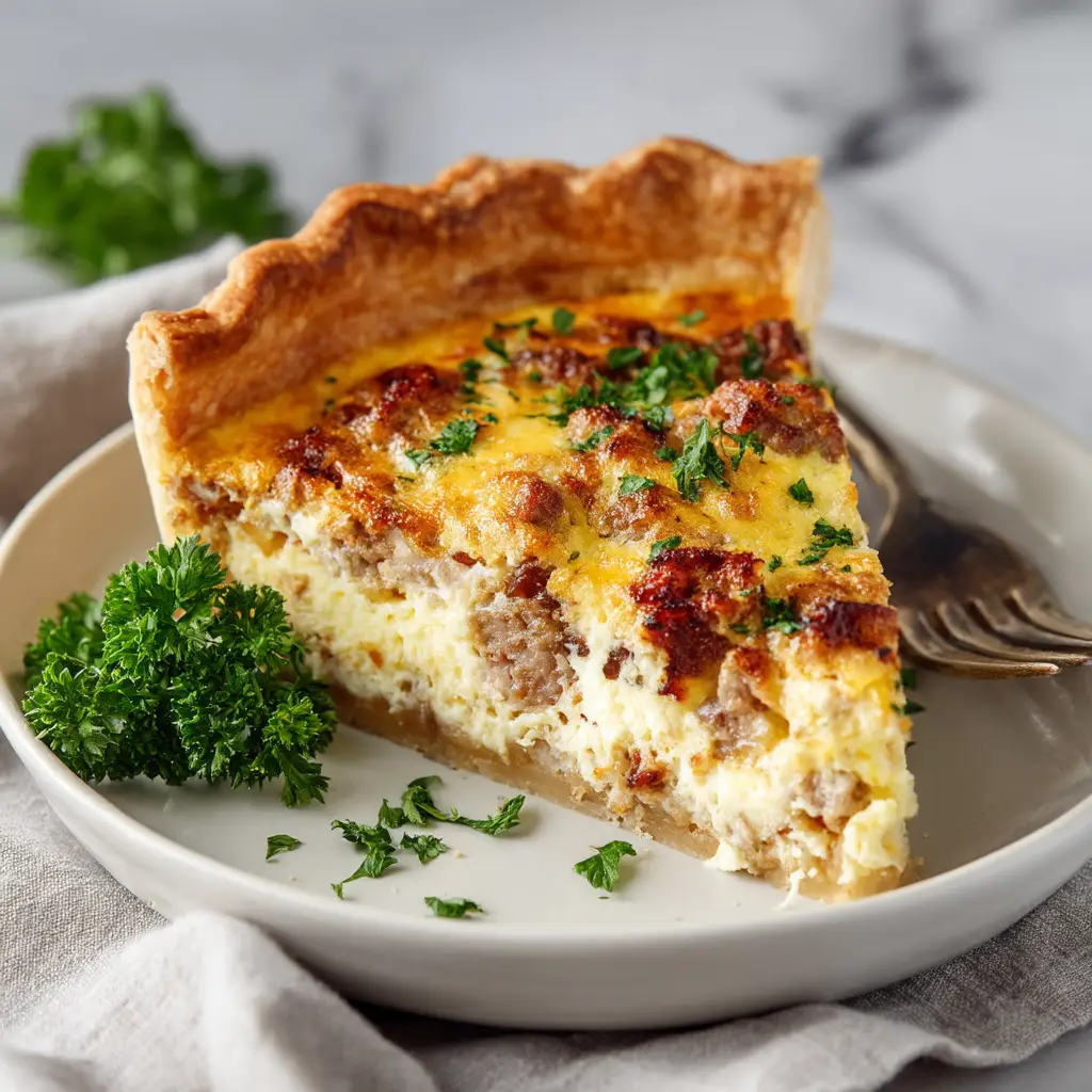 A fork cutting into a piece of sausage and bacon quiche, with a piece ready to be eaten.