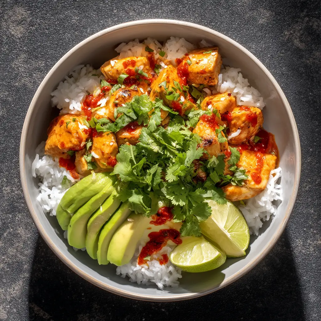 Coconut Chicken Rice Bowl (The Ultimate Easy Recipe) 1 A fully assembled coconut chicken rice bowl from above, garnished with fresh herbs and ready to be eaten.