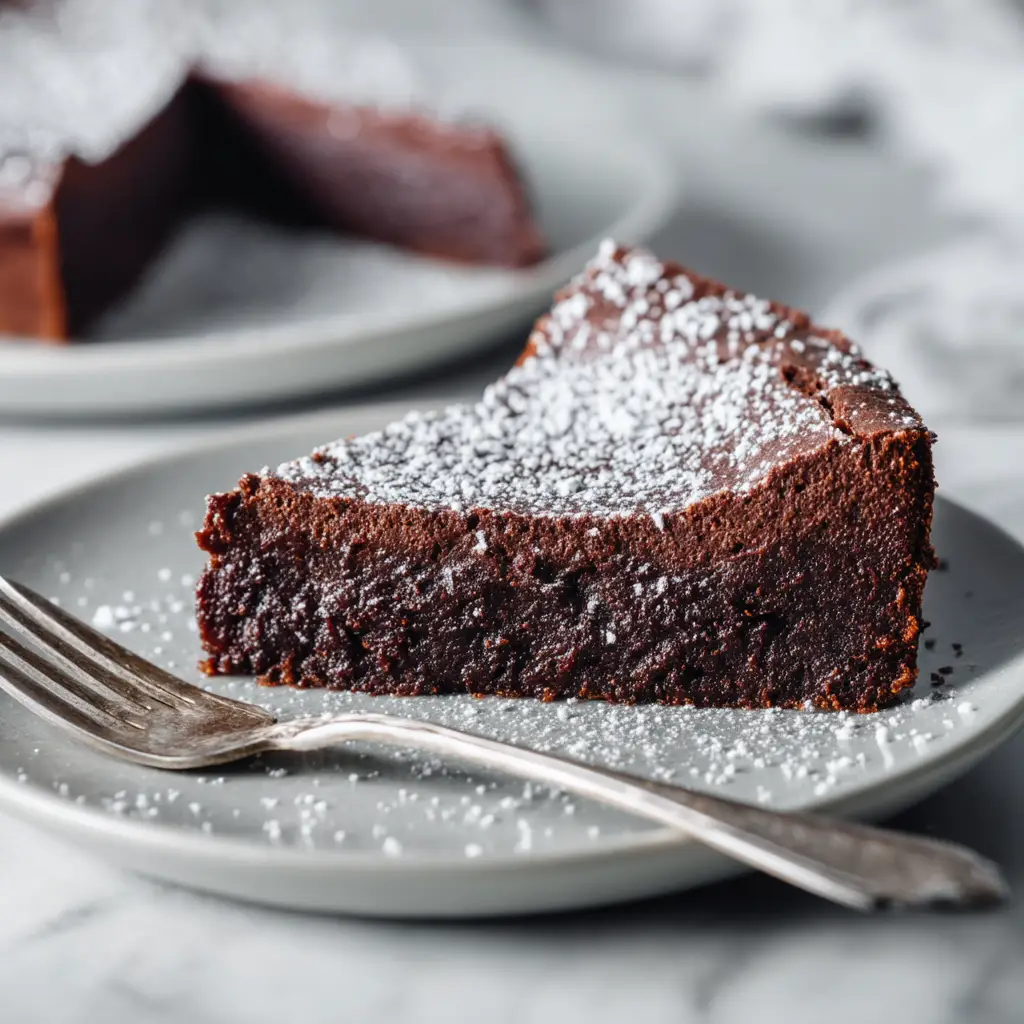 The batter for the flourless chocolate torte being poured into a prepared springform pan before baking.