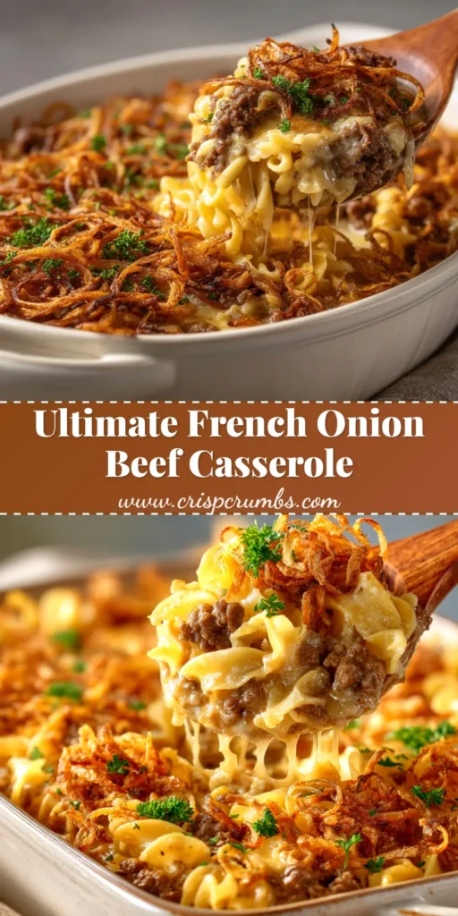 A top-down view of a bubbly French Onion Beef Casserole in a baking dish, showcasing its golden-brown cheesy crust and savory beef and noodle filling. The ultimate comfort food recipe.