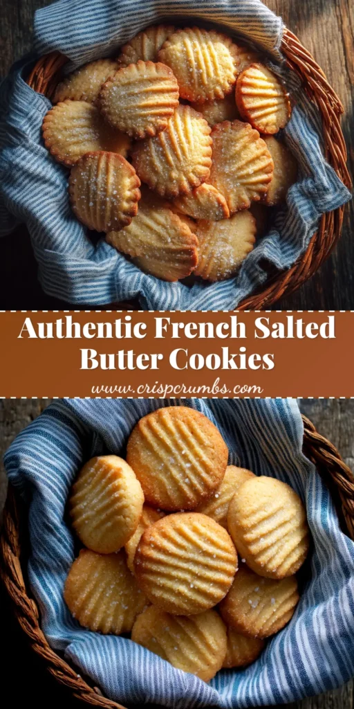A stack of golden brown French salted butter cookies, also known as Sablés Bretons, on a piece of parchment paper, ready to be shared on Pinterest.