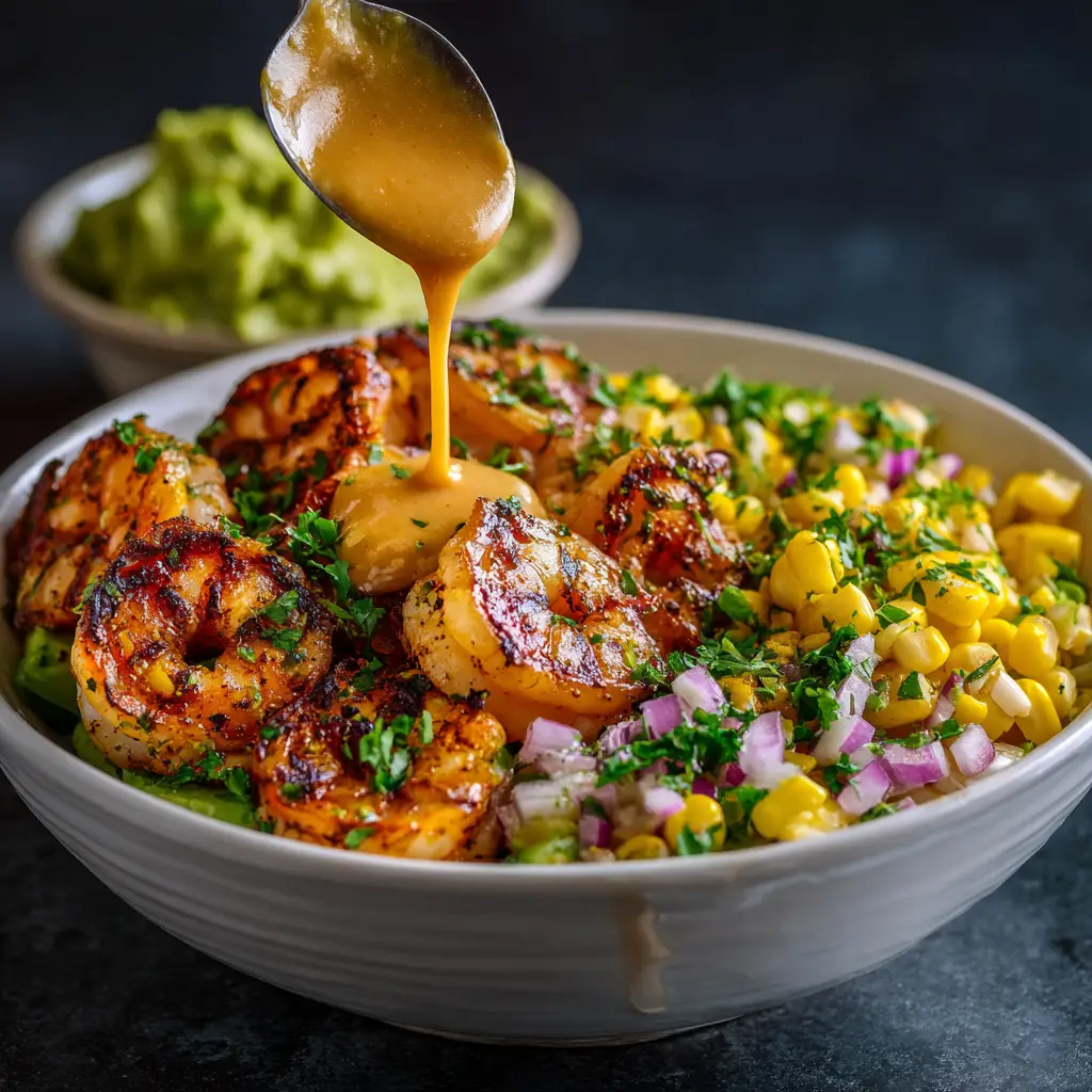 Grilled Shrimp Bowl with Cilantro Lime Dressing 1 A fresh and healthy shrimp bowl with all the toppings arranged neatly before being mixed, showcasing the colorful ingredients.