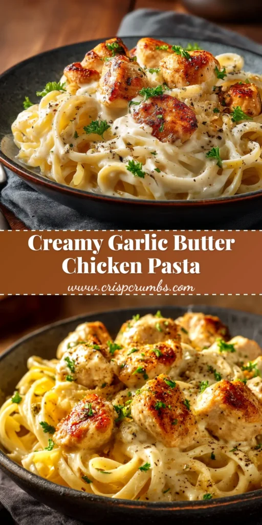 A top-down view of a white bowl filled with creamy garlic butter chicken pasta, garnished with fresh parsley and Parmesan cheese.