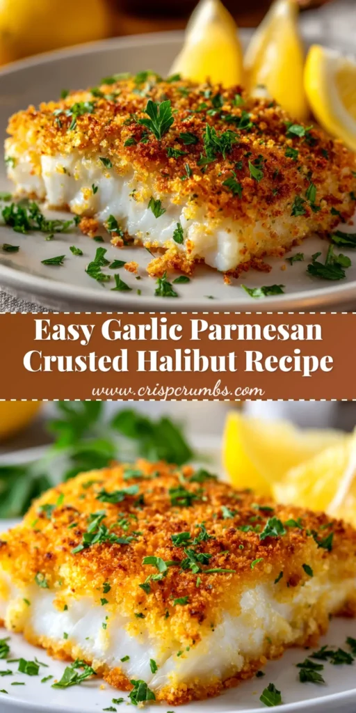 Garlic Parmesan Crusted Halibut (The Ultimate Crispy Recipe) 4 A close-up shot of Garlic Parmesan Crusted Halibut on a white plate. The halibut has a golden brown, crispy topping and is garnished with fresh parsley and a lemon wedge.