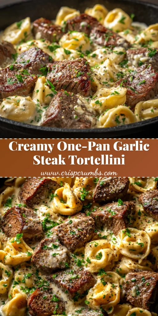 Garlic Steak Tortellini: A Restaurant-Quality Weeknight Dinner 3 A top-down view of a white bowl filled with creamy Garlic Steak Tortellini, garnished with fresh parsley. The dish features seared steak bites and cheese tortellini in a rich parmesan sauce.