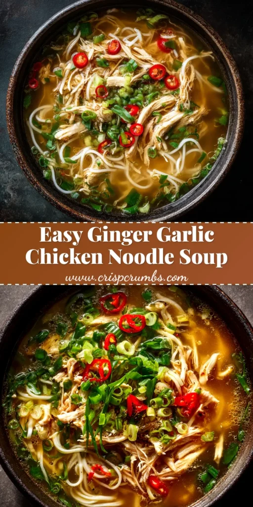 Ginger Garlic Chicken Noodle Soup: The Ultimate Comfort Bowl 4 A large white bowl of Ginger Garlic Chicken Noodle Soup, with text overlay confirming the recipe title. The soup is garnished with fresh herbs.