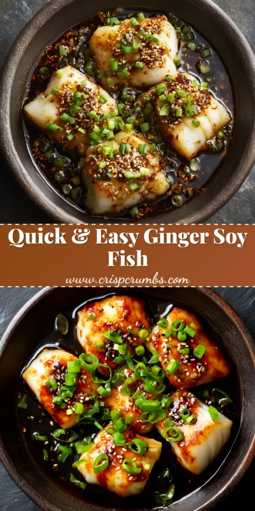 A delicious and easy Ginger Soy Fish recipe served in a white bowl with rice and garnished with fresh cilantro and scallions. The perfect healthy weeknight meal.