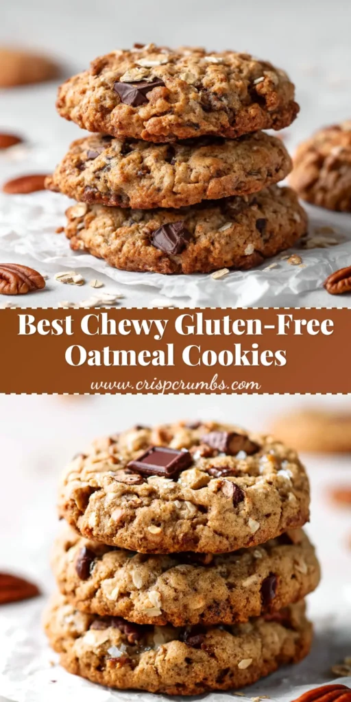 A stack of perfectly chewy Gluten-Free Oatmeal Cookies on a cooling rack, with one cookie broken in half to show the soft texture inside.