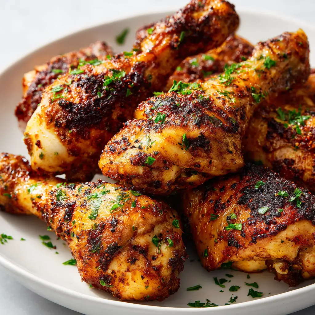 Golden and crispy baked chicken legs fresh out of the oven on a parchment-lined pan.