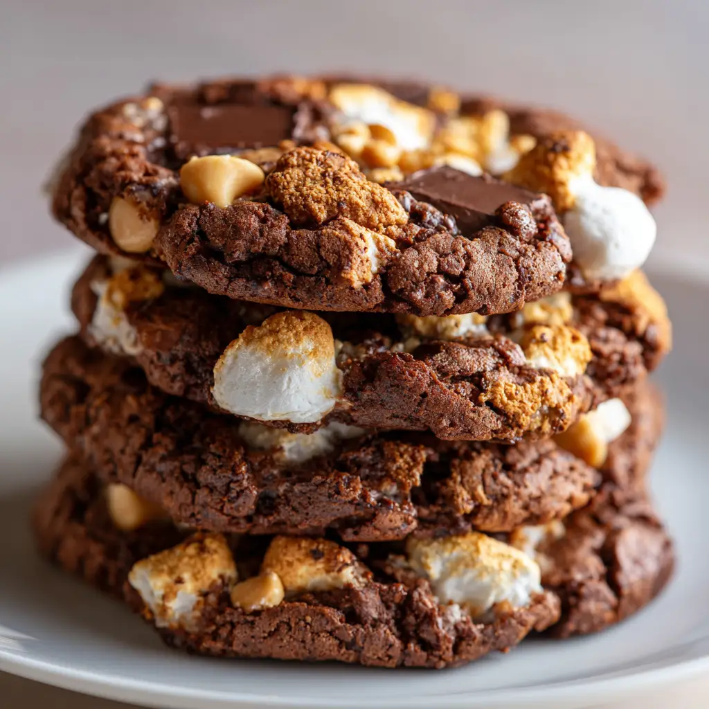 Chocolate Peanut Butter Marshmallow Cookies: The Ultimate Gooey Treat 1 A side view of gooey marshmallow cookies with peanut butter and chocolate, fresh from the oven.