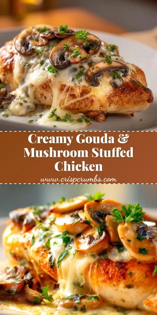 A stunning overhead shot of Gouda & Mushroom Stuffed Chicken, sliced to show the creamy, cheesy filling, garnished with fresh herbs.