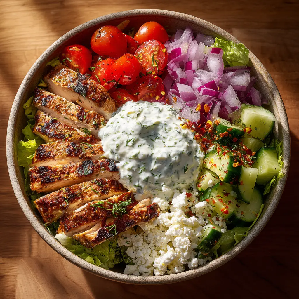 Greek Chicken Bowls: The Ultimate Recipe for a Fresh & Easy Meal 1 The components of the Greek Chicken Bowls laid out, including the lemon-herb marinated chicken in a bowl next to chopped vegetables and quinoa.