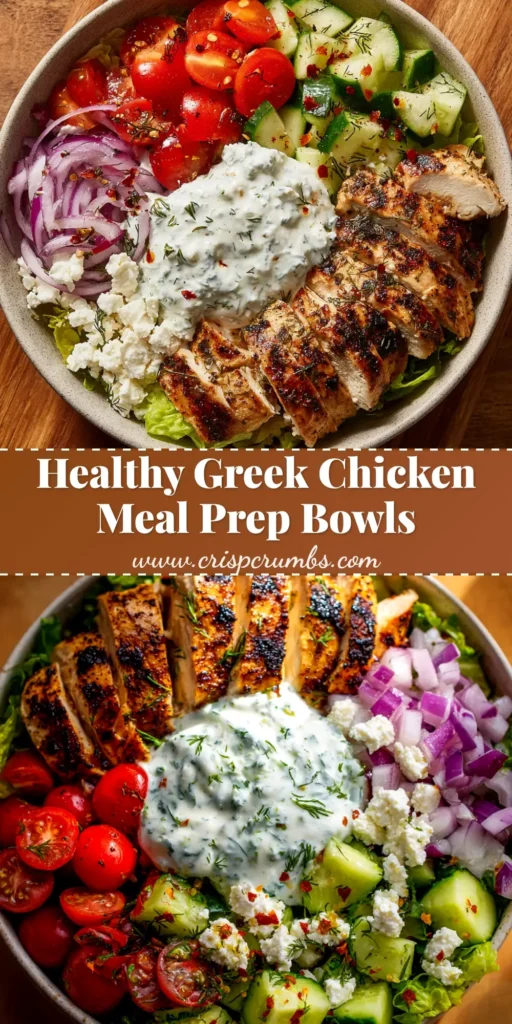Greek Chicken Bowls: The Ultimate Recipe for a Fresh & Easy Meal 3 An overhead shot of four vibrant Greek Chicken Bowls ready to be served. Each bowl is filled with quinoa, marinated chicken, fresh vegetables, and topped with a creamy tzatziki sauce and feta cheese.