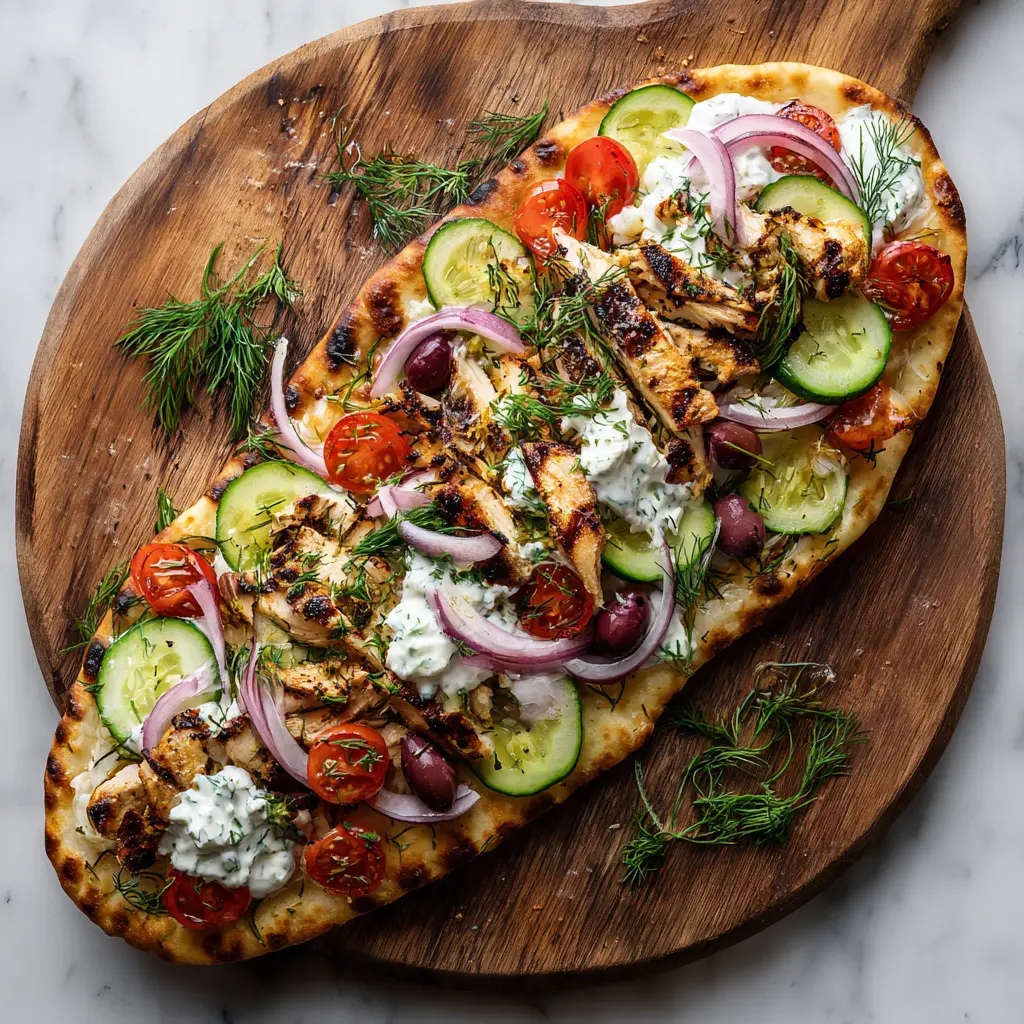 Greek Chicken Flatbread (The 30-Minute Weeknight Winner) 1 The ingredients for Greek chicken flatbread laid out, including chicken in marinade, fresh vegetables, and a bowl of homemade tzatziki sauce.
