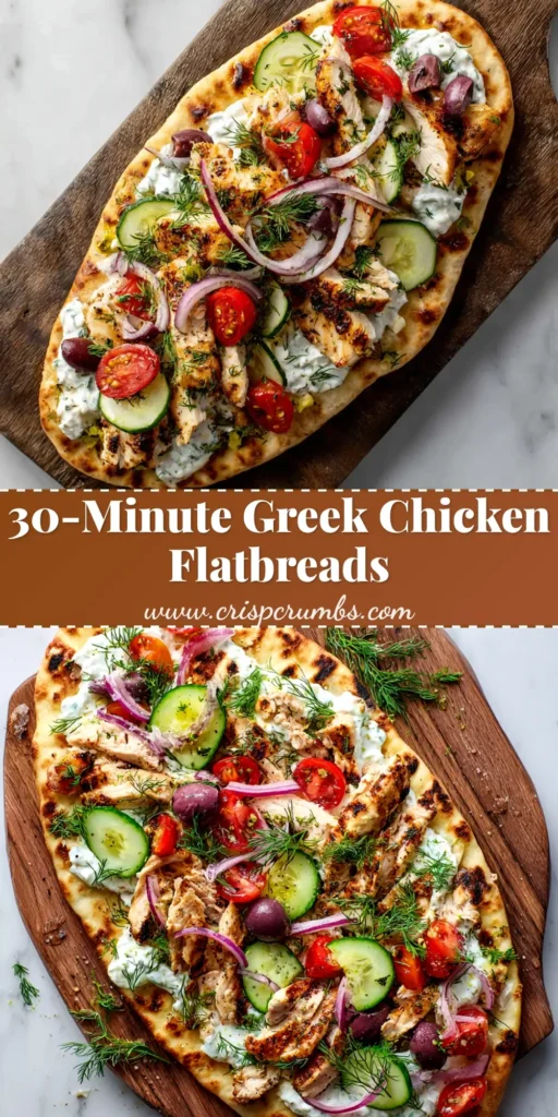 Greek Chicken Flatbread (The 30-Minute Weeknight Winner) 3 An overhead shot of a delicious Greek chicken flatbread, loaded with juicy chicken, fresh tomatoes, red onions, and creamy tzatziki sauce on a wooden board.