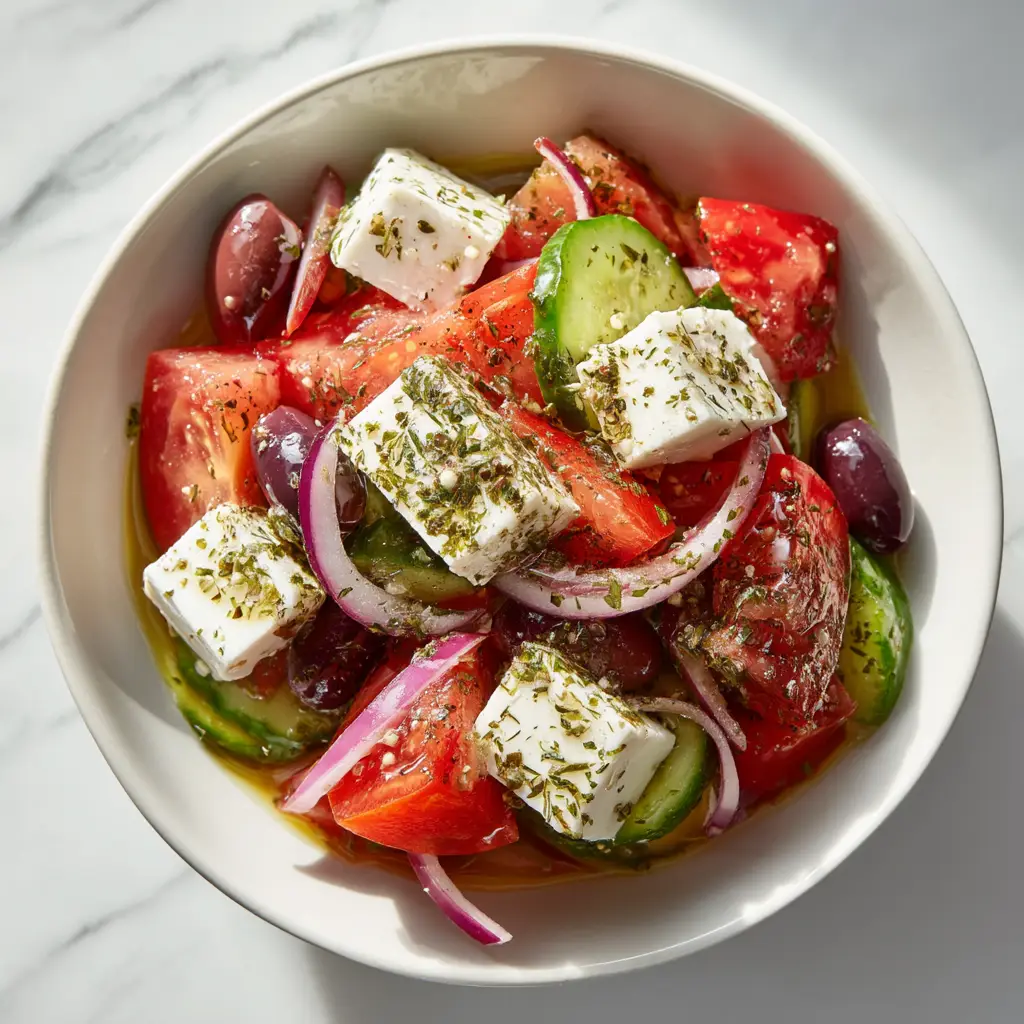 A block of creamy feta cheese sitting on top of a freshly prepared authentic Greek salad before serving.