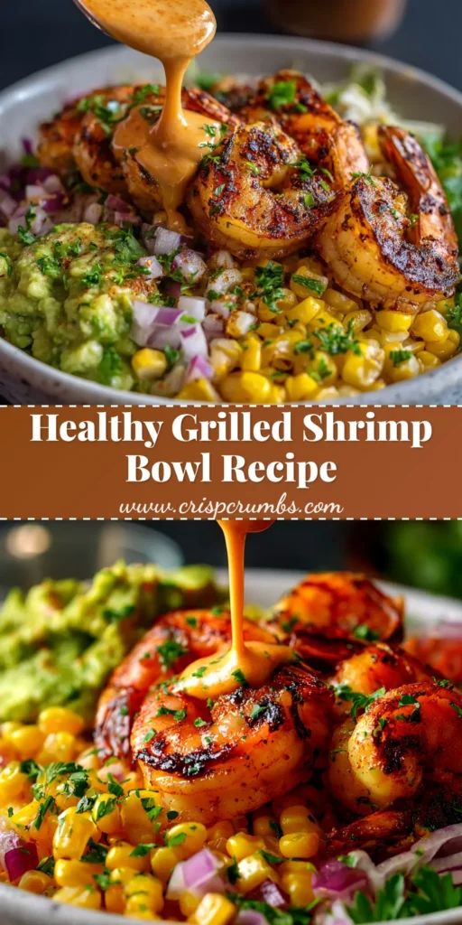 Grilled Shrimp Bowl with Cilantro Lime Dressing 3 An overhead shot of a vibrant Grilled Shrimp Bowl, featuring perfectly charred shrimp, fresh avocado, corn, and black beans over a bed of rice, drizzled with a creamy cilantro sauce.