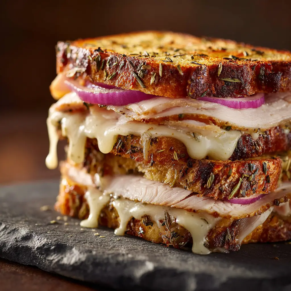 A finished Turkey Dijon Melt served on a plate, with a side of pickles. The grilled sourdough bread is golden brown and crispy.
