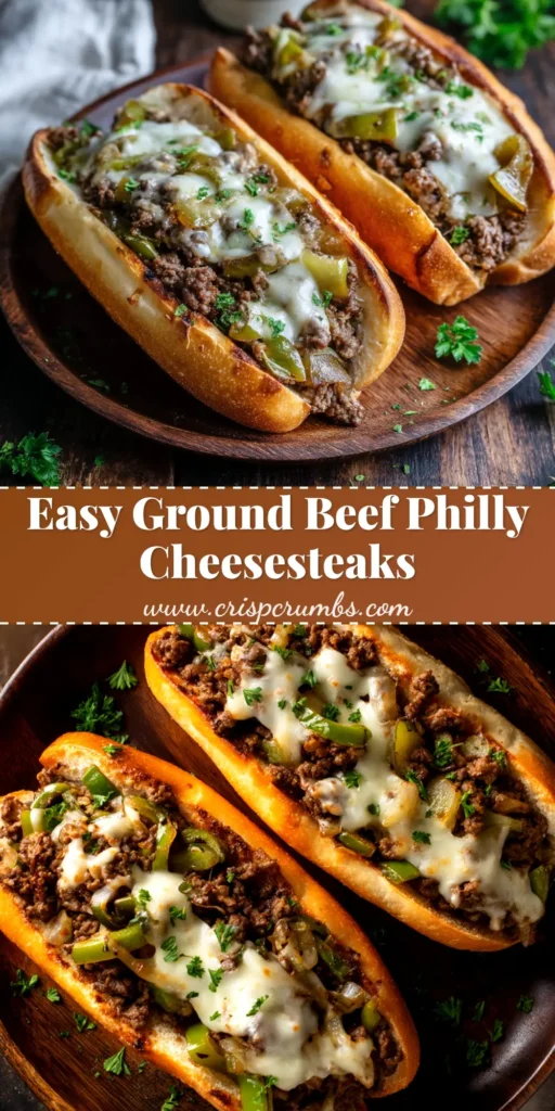 The ultimate Ground Beef Philly Cheesesteaks recipe! A close-up shot of a cheesy, delicious sandwich on a toasted hoagie roll, ready in 30 minutes.