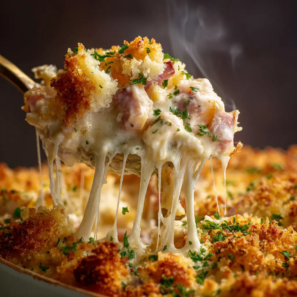 Chicken Cordon Bleu Casserole: The Ultimate Easy Recipe 1 A serving of ham and swiss chicken casserole on a plate, garnished with fresh parsley.