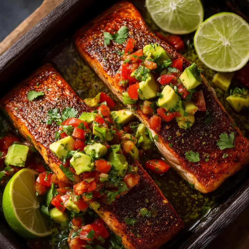 A detailed overhead view of two healthy cilantro lime salmon fillets ready to be served from the pan.
